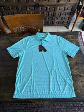 NWT Greg Norman Play Dry Performance Feeder Stripe Golf Polo XL Aqua Mist